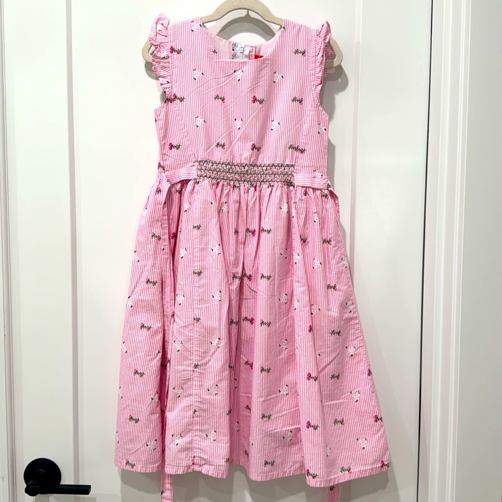 Girls Pink cotton dress with floral and stripe details